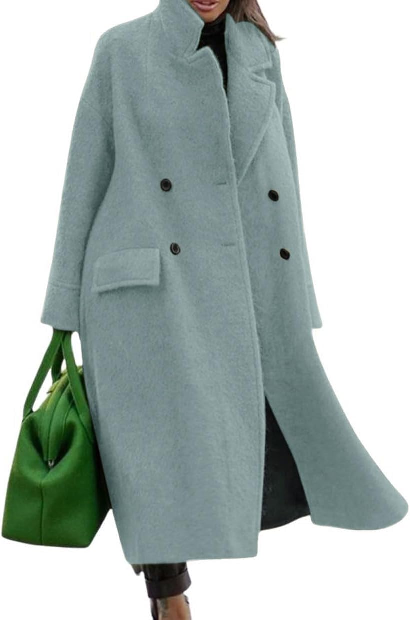 Women Oversized Long Winter Coats Warm Wool Blend Pea Trench Coat Overcoat