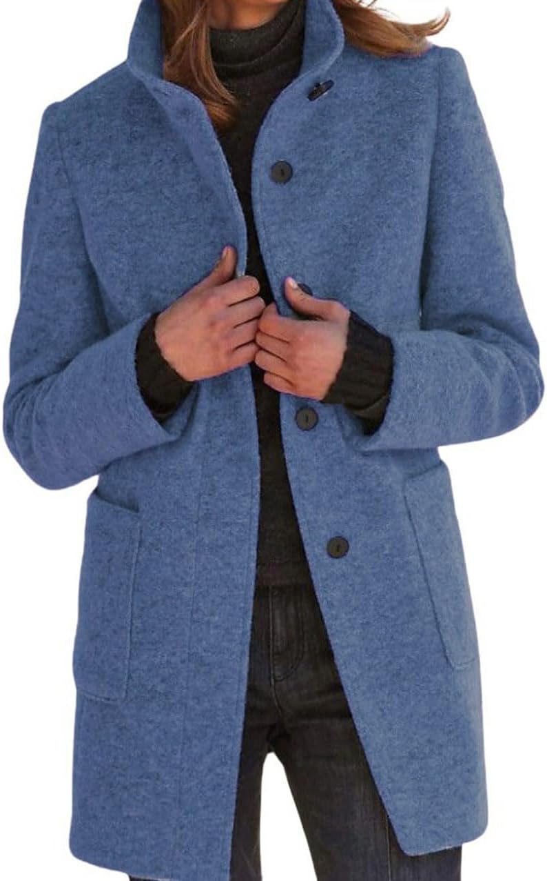 Women Winter Long Pea Coat Wool Blend Stand Collar Single Breast Thicken Blazer Jacket