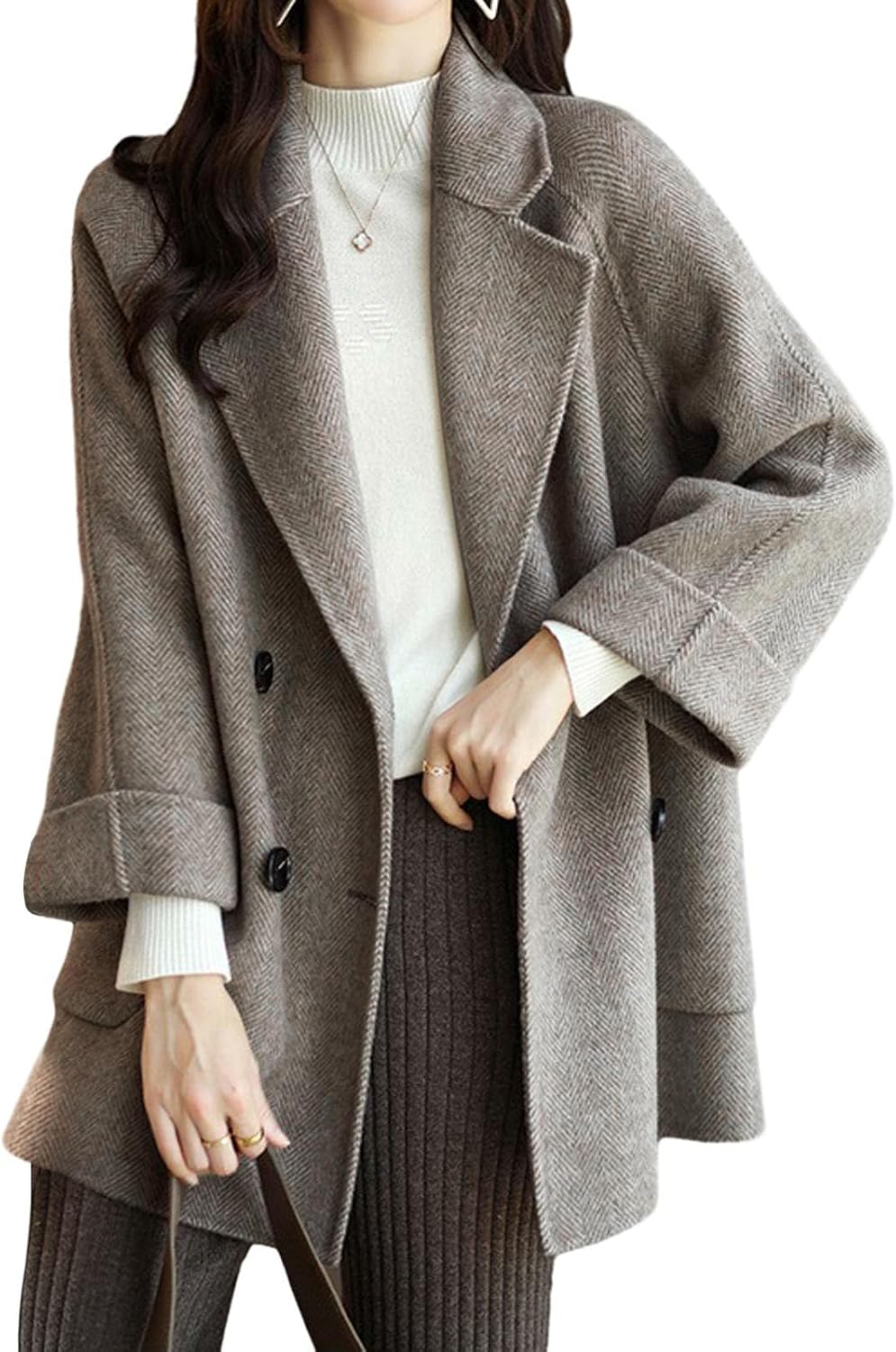 Women Wool Coat Peacoat Jacket Thick Loose Double Breasted Pea Coat Woolen Winter Overcoat